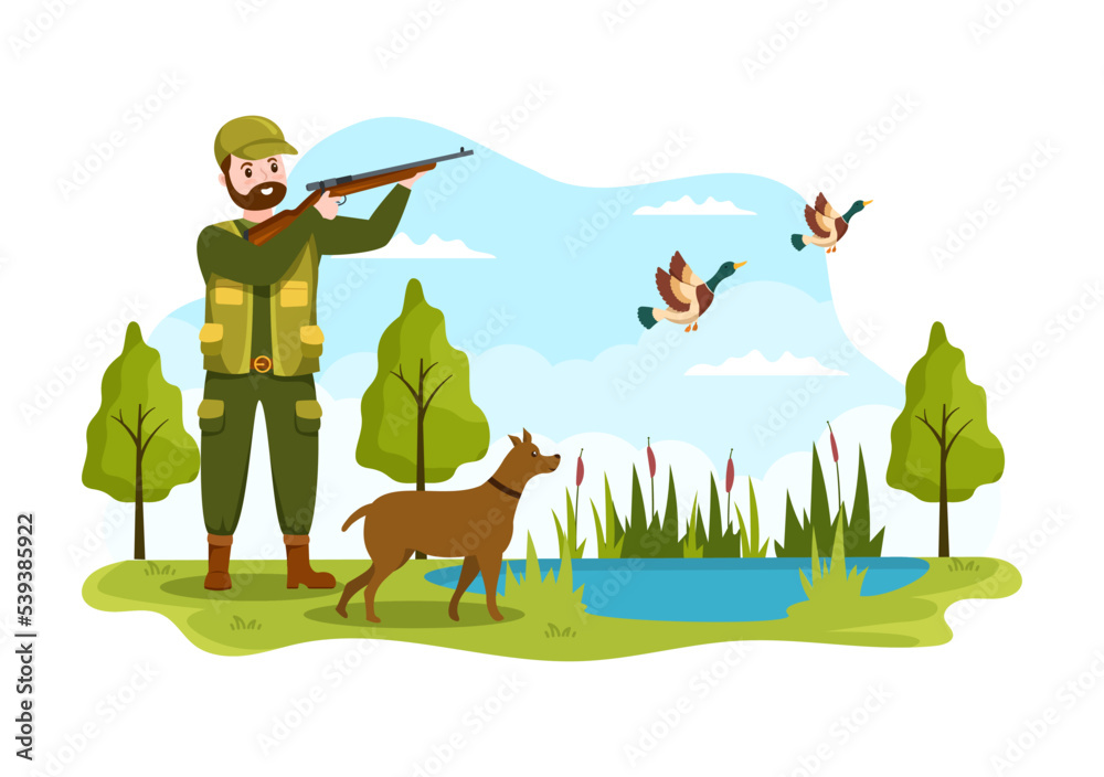 Hunter with Hunting Rifle or Weapon Shooting to Birds or Animals in the forest on Flat Cartoon Hand Drawing Template Illustration Hunter with Hunting Rifle or Weapon Shooting to Birds or Animals in the forest on Flat Cartoon Hand Drawing Template Illustration