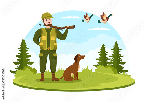 Hunter with Hunting Rifle or Weapon Shooting to Birds or Animals in the forest on Flat Cartoon Hand Drawing Template Illustration