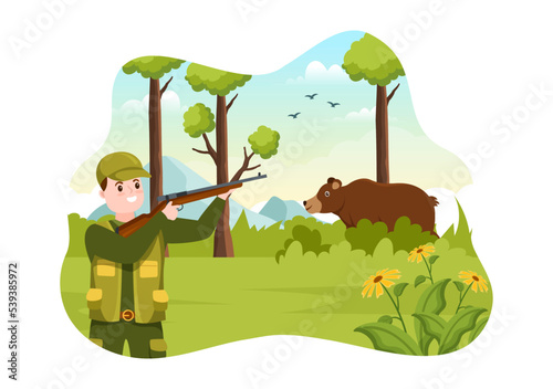 Hunter with Hunting Rifle or Weapon Shooting to Birds or Animals in the forest on Flat Cartoon Hand Drawing Template Illustration