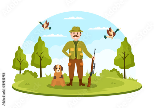 Hunter with Hunting Rifle or Weapon Shooting to Birds or Animals in the forest on Flat Cartoon Hand Drawing Template Illustration
