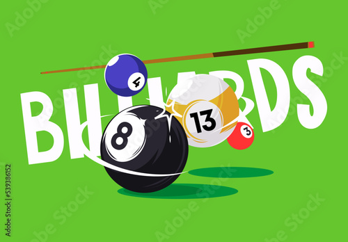 vector illustration of billiard balls in motion on a green background with the inscription billiards