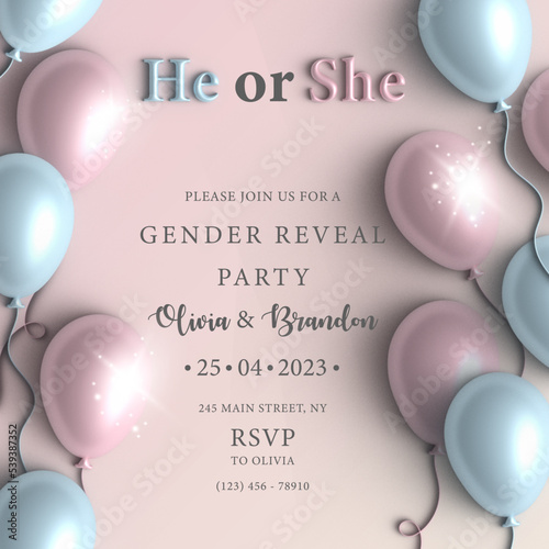  Invitation for gender reveal party. He or she postcard. Baby shower announcement banner in soft pink and blue pastel colours background, 3d. Boy or girl, trending illustration trending