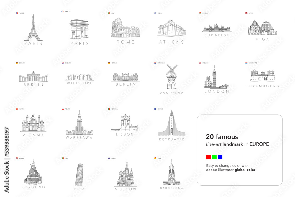 set of most visited landmarks and monuments in europe