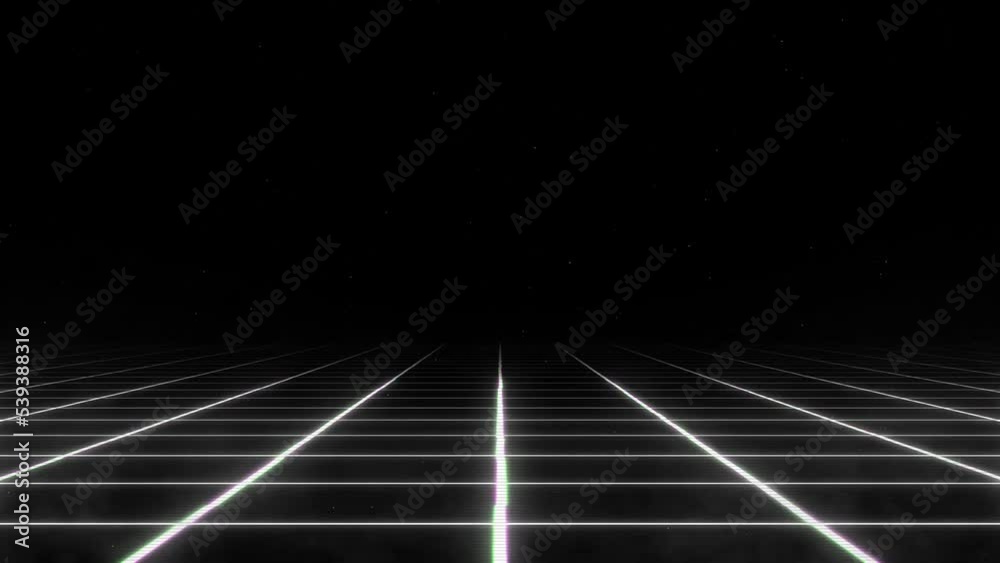Infinity perspective laser grid with glitch effect. Retrowave, synthwave glitch looped animation of perspective laser grid in outer space. 80s aesthetics. 80s retro futurism. Seamless loop.