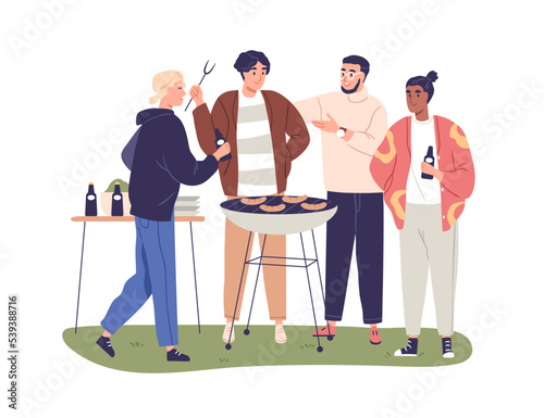 Men friends at bbq party outdoors. Guys gathering for barbeque on summer holiday. People relaxing, cooking barbecue grill meat together. Flat vector illustration isolated on white background
