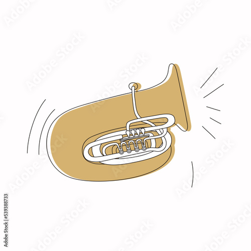 Music tuba. Wind instrument. Orchestra. Notes. Melody. Vector stock illustration. White background. Isolated