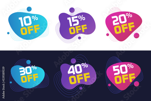 Discount offer sale icon badge label vector or abstract price off percentage coupon and special deal bubble fluid liquid shape design, 10 15 20 30 40 50 clearance tags promo red blue purple sign image