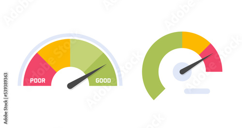 Gauge dashboard credit score level icon vector or benchmark speedometr power dial flat color element design, risk acceleration pressure meter, tachometer or barometer gage indicator clipart image photo