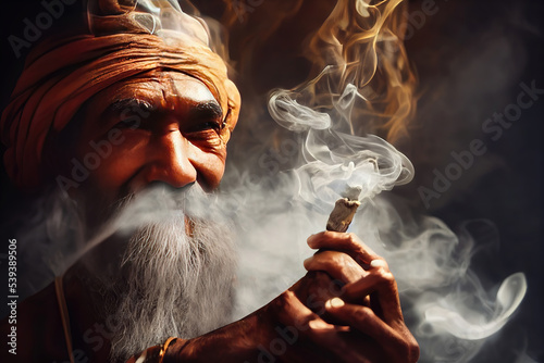 AI generated or 3D illustrated image of a Naga Sadhu from India, smoking a chillum. Not based on a real human or photo  photo