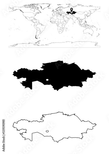 Vector Kazakhstan map, map of Kazakhstan showing country location on world with solid and outline maps for Kazakhstan on white background. File is suitable for digital editing and prints of all sizes.