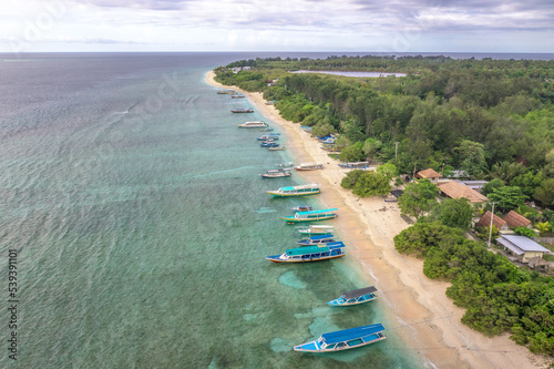 Aerial view of fisherman's boats at Gili Meno Island, West Nusa Tengarra, Indonesia photo