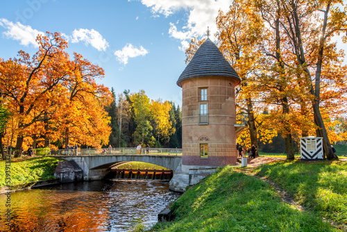 Pil tower in Pavlovsky park in autumn, Pavlovsk, Saint Petersburg, Russia