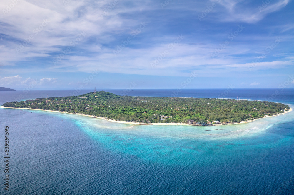 Aerial view of Gili Trawangan -  coral tropical island located at West Nusa Tenggara area, Indonesia