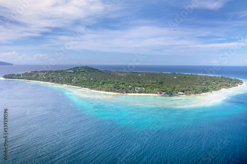 Aerial view of Gili Trawangan - coral tropical island located at West Nusa Tenggara area, Indonesia
