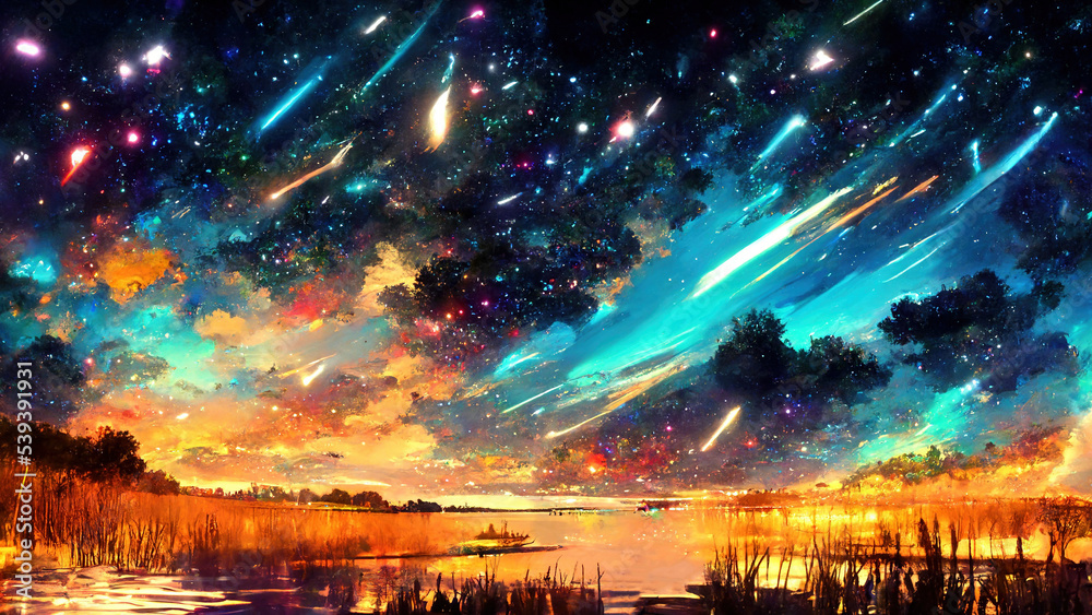 Galaxy Nebula Cloud, Beautiful Atmosphere in Evening. Lake with reflection. Fantasy Japanese Anime Abstract Style Landscape Background Illustration.
