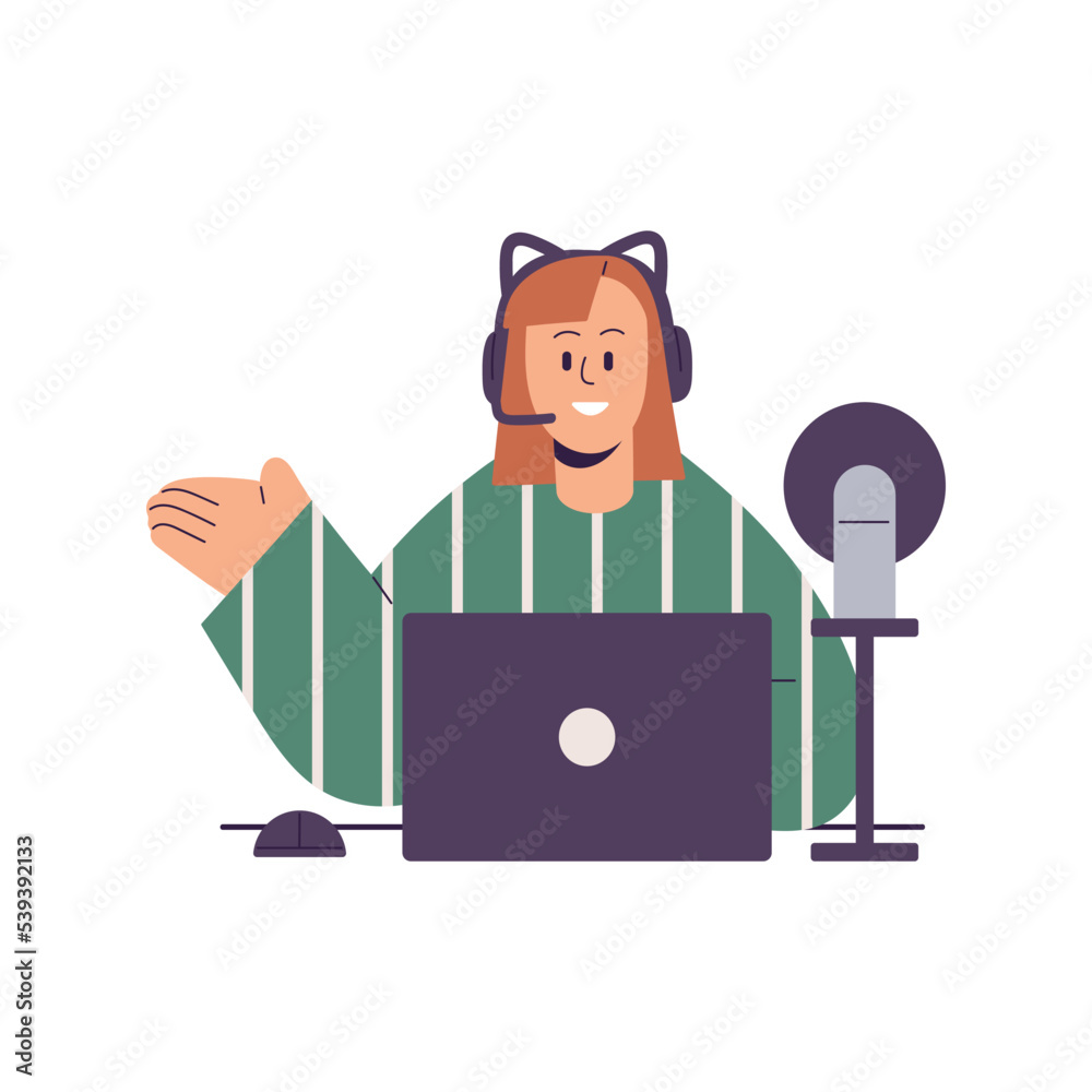 Streamer recording video, sitting at laptop in headset with microphone. Girl streaming online. Blogger in headphones at live broadcast. Flat graphic vector illustration isolated on white background Streamer recording video, sitting at laptop in headset with microphone. Girl streaming online. Blogger in headphones at live broadcast. Flat graphic vector illustration isolated on white background