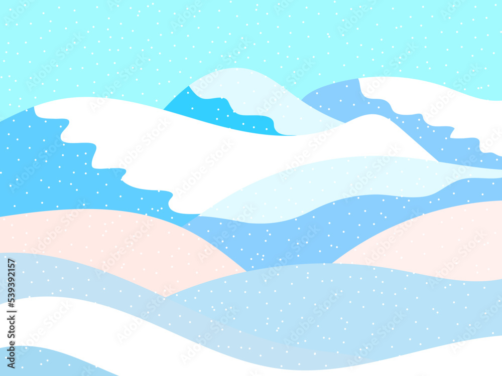 Winter landscape with snowy hills. Mountain landscape in flat style, winter cold weather. View of the snowy hills. Design for posters, travel agencies and promotional items. Vector illustration Winter landscape with snowy hills. Mountain landscape in flat style, winter cold weather. View of the snowy hills. Design for posters, travel agencies and promotional items. Vector illustration