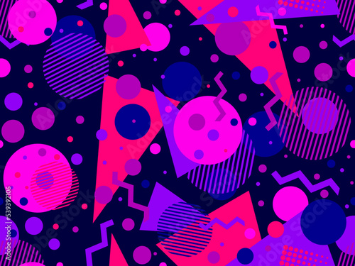 Geometric seamless pattern in 80s memphis style. Colorful multicolored abstract geometric pattern. Design of promotional products, wrapping paper and printing. Vector illustration