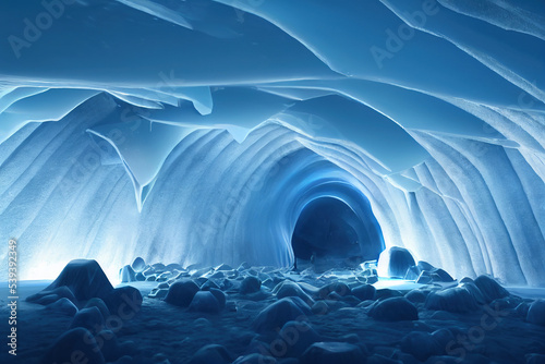 Fantasy chilly Permanent Frost caves. Glowing Unsettling Ice Pillars. Scary Scenery. Landscape Background.