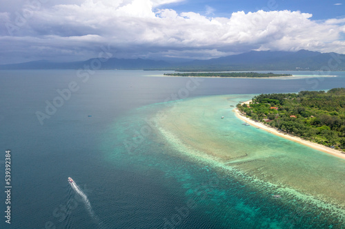 Aerial view of Gili Meno, coral tropical island located at West Nusa Tenggara area, Indonesia
