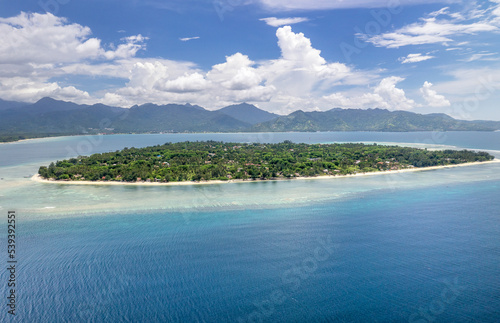 Aerial view of Gili Air coral tropical island located at West Nusa Tenggara area, Indonesia