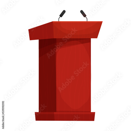 Wooden speech tribune, orator podium with microphone in cartoon style isolated on white background.