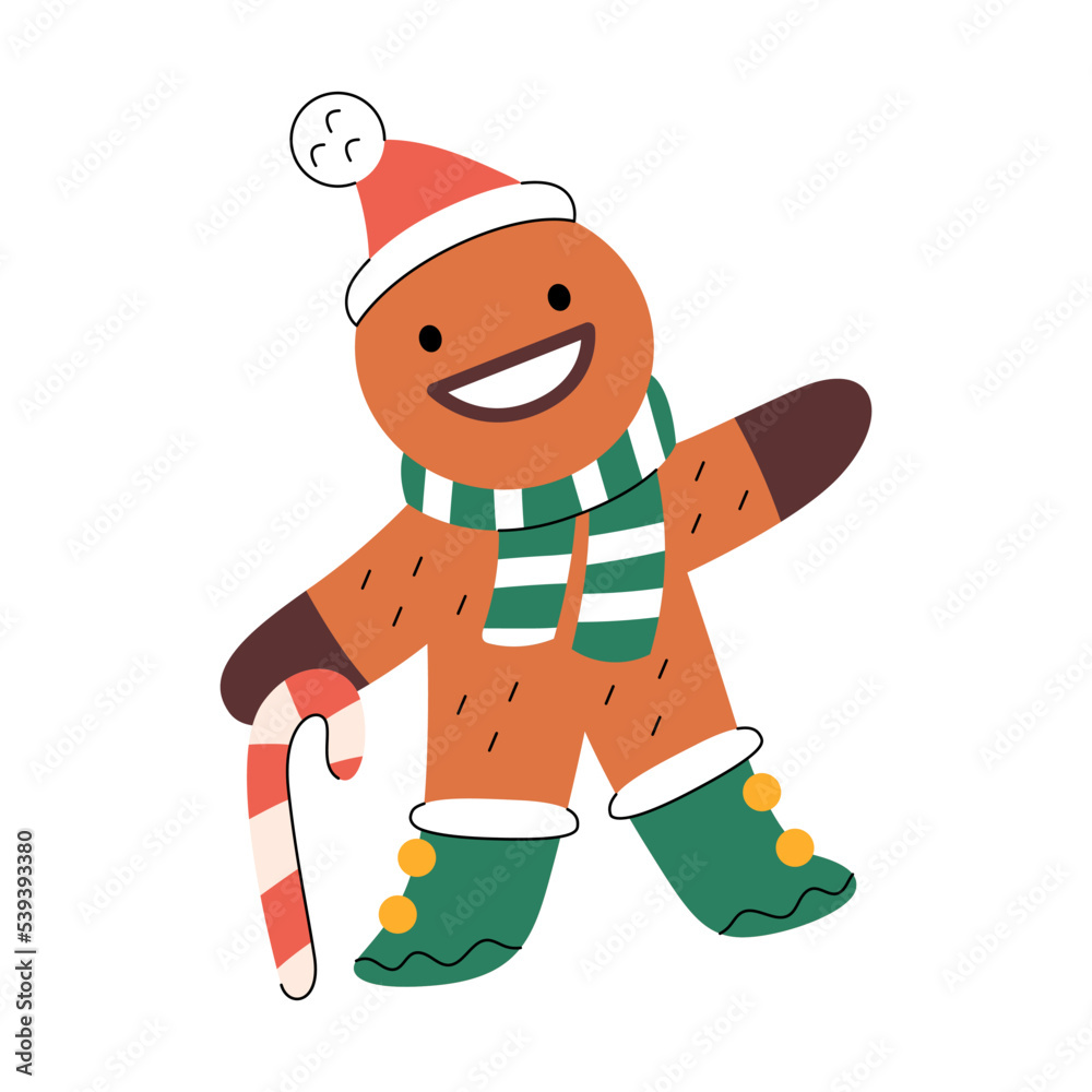 Cute smiling gingerbread man wearing traditional Santa hat, scarf and boots Cute smiling gingerbread man wearing traditional Santa hat, scarf and boots