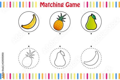 Matching Game for kids,Find and match the correct Fruits outline, Educational children game printable worksheet, Vector illustration cartoon style