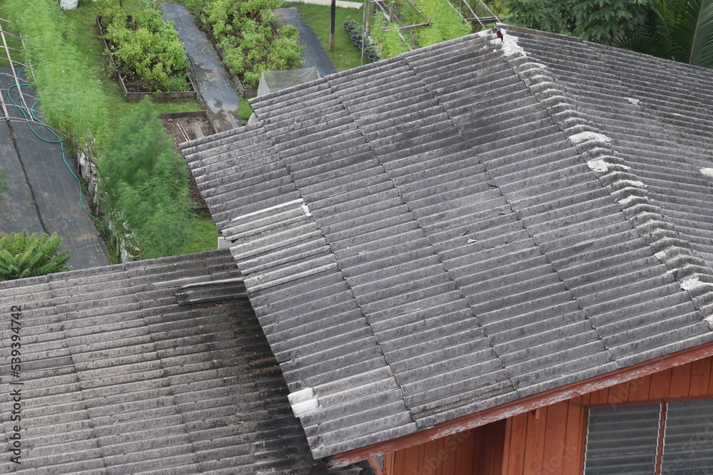 top view of old red roof on green background