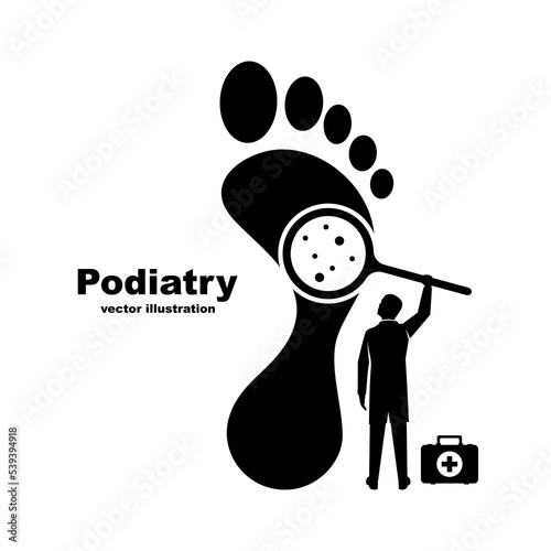 Podiatry concept. Landing Page feet treatment. Doctors podiatrists inspect and treat the feet. Pathology and Illness treatment. Clinic podology. Vector illustration flat design.