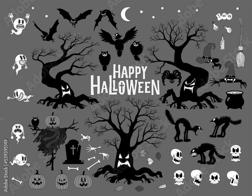 Set of Happy Halloween vector elements in grayscale black and white hand-drawn cartoon retro style.