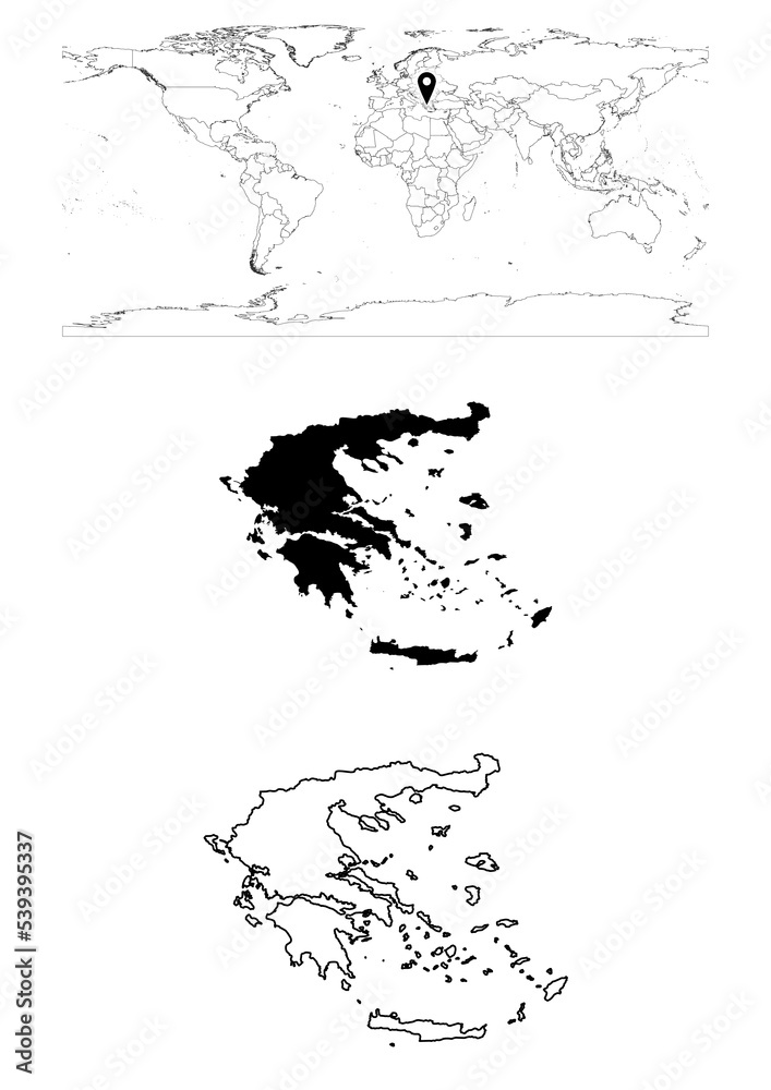 Vector Greece map, map of Greece showing country location on world with solid and outline maps for Greece on white background. File is suitable for digital editing and prints of all sizes.
