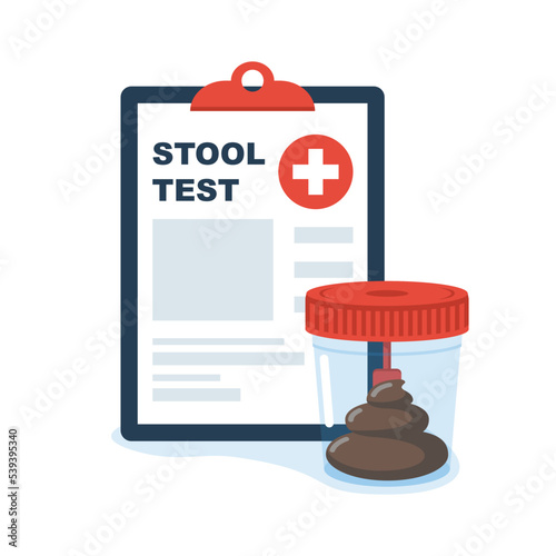 Stool analysis. Stool test icon. Medical sample in a glass tube adn clipboard. Laboratory container with excrement. Vector illustration flat cartoon design. Isolated on white background.