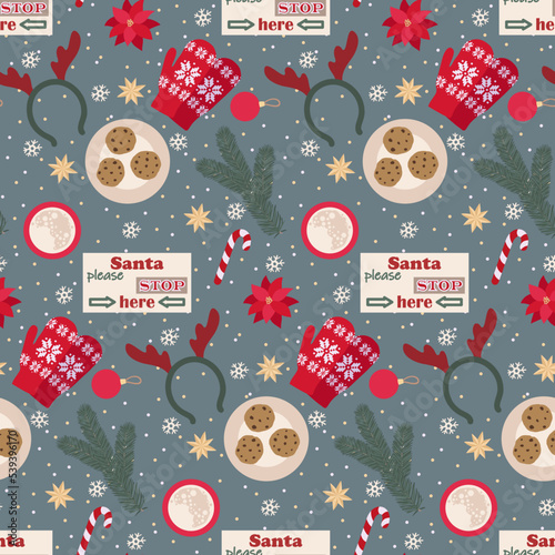 Christmas seamless pattern with chocolate cookies, gifts, fir tree. Winter holiday repeat background