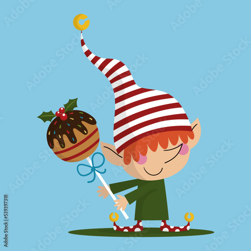 Illustration of a little red haired elf with a chocolate pop cake and a striped hat