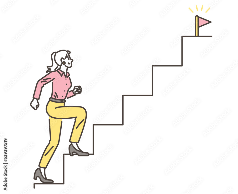 Vector illustration of a young female businessperson walking up stairs with a smile on her face [image of life and goals].