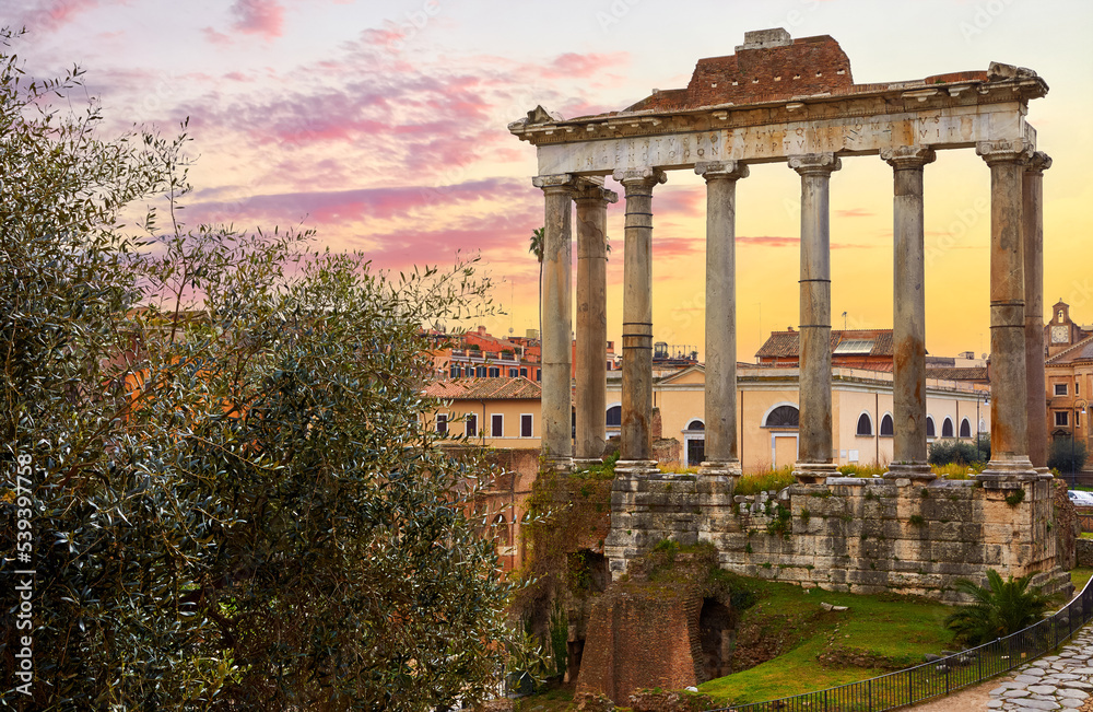 Roman Forum in Rome, Italy. Antique structures with columns. Wrecks of ancient italian roman town. Sunrise morning above famous architectural landmark.