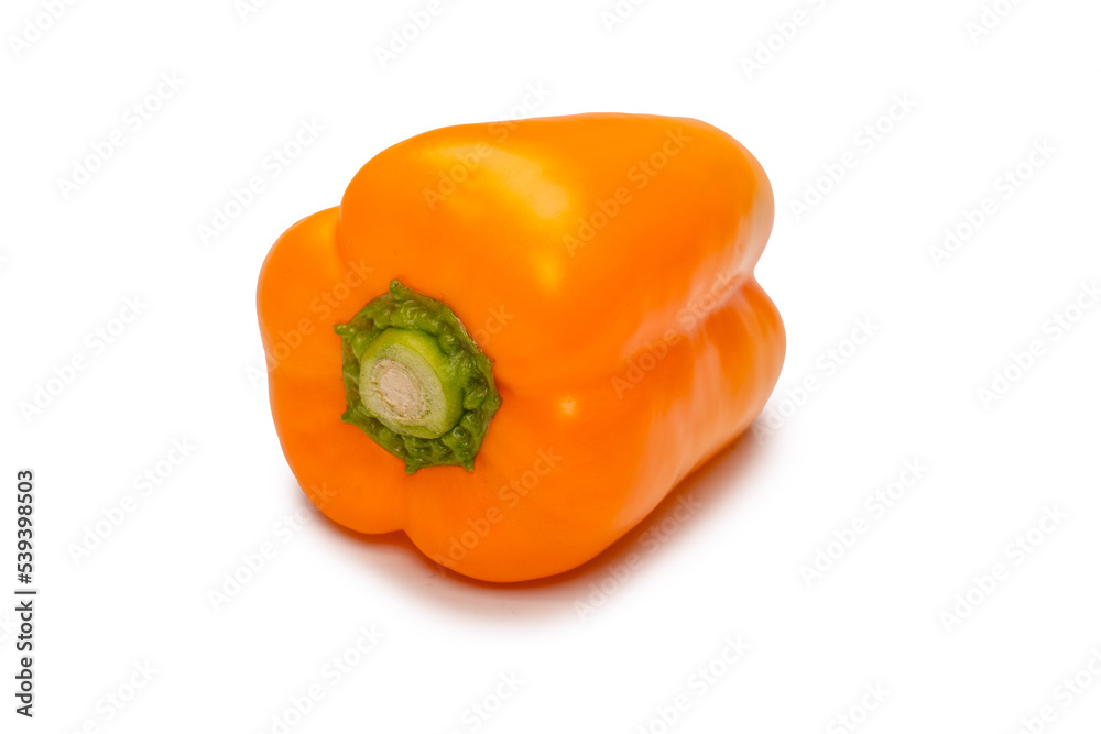 Orange bell pepper isolated on white background. Top view. Copy space. Orange bell pepper isolated on white background. Top view. Copy space.