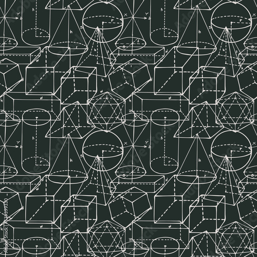 Monochrome math seamless pattern with hand-drawn geometrical figures. Vector background on the theme of school education. Wallpaper, wrapping paper or fabric design. Chalk drawing on a blackboard