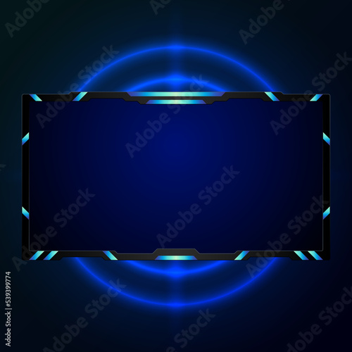 Modern live stream overlay webcam video panel with neon ring lights background
