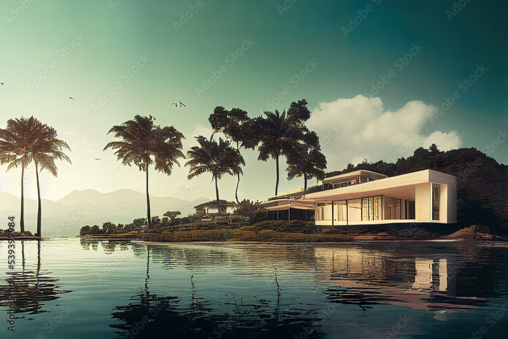 Fototapeta premium modern luxury house next to a pool, tropical environment