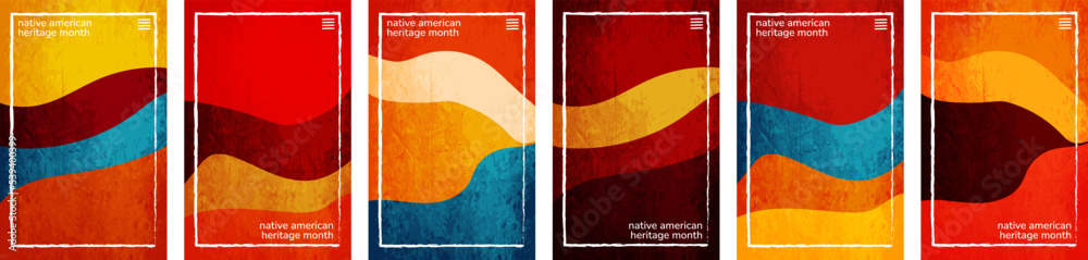 National Native American Heritage Month theme, hues crushed paper vertical Background template frame. Set of 6 color collections. User interface backdrop texture, pattern. Online app visual concept. - obrazy, fototapety, plakaty 
