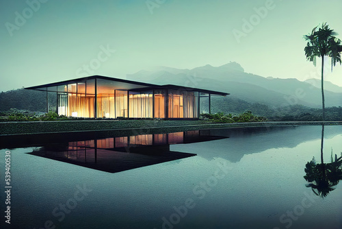 modern luxury house next to a pool, tropical environment © Gbor