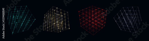 Set of futuristic multicolored wireframe cubes. Technology blockchain concept. Collection of digital geometric shapes. Vector Illustration.