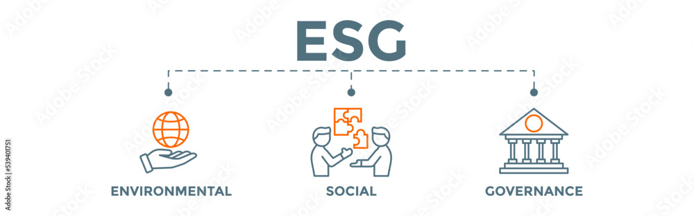 ESG - Environment Social Governance concept banner. Editable vector illustration for investment screening of corporate sustainability.