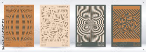 Geometrical Poster Design with Optical Illusion Effect.  Modern Psychedelic Cover Page Collection. Pastel Wave Lines Background. Fluid Stripes Art. Swiss Design. Vector Illustration for Brochure.