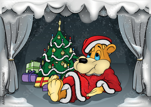 Cartoon Christmas Greeting Card with Snow Covered Theater Stage with Lying Te...