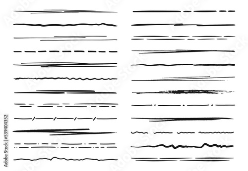 Scribble doodle underlines. Black pen, paint brush or ink rough strokes, grunge vector dash lines or graphic separators. Brush handwritten underlines, borders or scribbles, spacer, divider