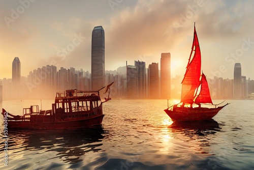 Red-sail junk boat with skyscrapers and building of Hong Kong city skyline in China. Chinese red-sail junk boat at sunset. 3D illustration.