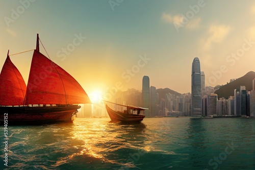 A red-sail junk boat sails alongside skyscrapers and buildings of Hong Kong city in China at sunset. 3D illustration.